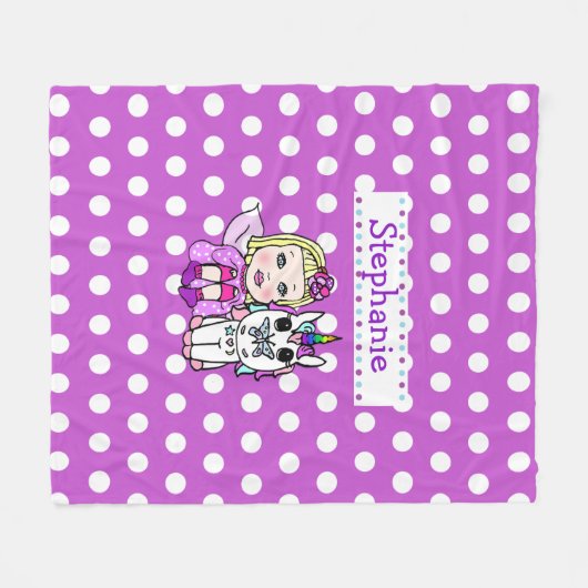 紫の水玉模様ユニコーンと妖精の毛布 フリースブランケット (正面(横))