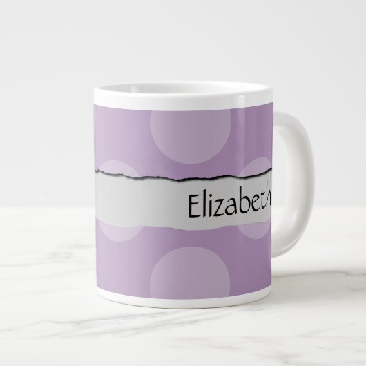 紫の水玉模様、水玉模様パターン、名前 ジャンボコーヒーマグカップ (正面右)