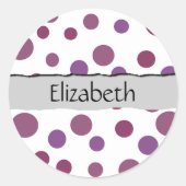 紫の水玉模様、水玉模様パターン、名前 ラウンドシール (正面)
