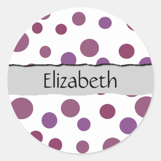 紫の水玉模様、水玉模様パターン、名前 ラウンドシール (正面)