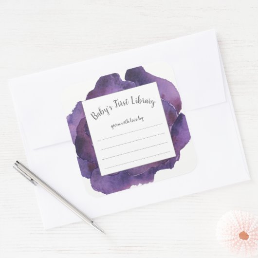 紫の水色のフローラ女の子の赤ちゃんシャワーブック スクエアシール (封筒)