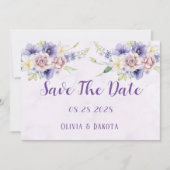 紫の水色のフローラ日付カードを保存 招待状 (正面)