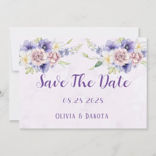 紫の水色のフローラ日付カードを保存 招待状 (正面)