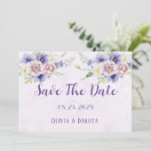 紫の水色のフローラ日付カードを保存 招待状 (スタンド正面)