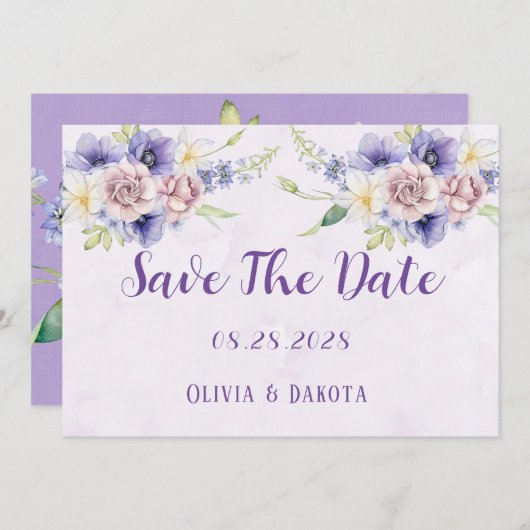 紫の水色のフローラ日付カードを保存 招待状 (正面/裏面)