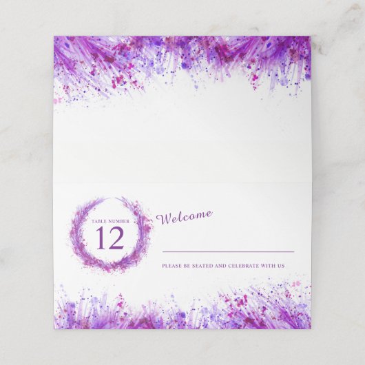 紫の水色の草のスプラッシュ結婚の座席表 プレイスカード (外部開封)