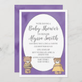 紫の水色テディがベビーシャワー 招待状 (正面/裏面)