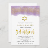 紫の水色 |金ゴールドフェイクグリッターバルミツワー 招待状 (正面/裏面)
