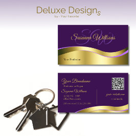 紫の波状王室の金ゴールドデコールとイニシャルQRコード 名刺