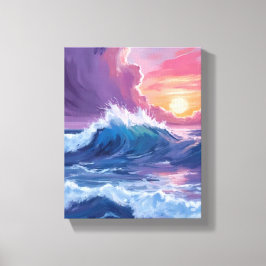 紫の海の波のサンセット水彩画 キャンバスプリント
