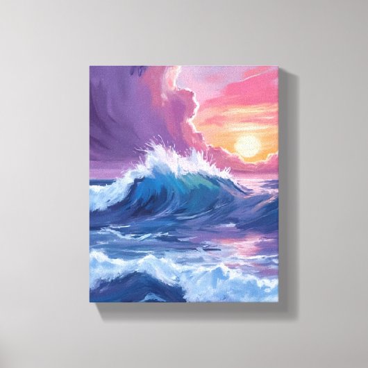 紫の海の波のサンセット水彩画 キャンバスプリント (正面)