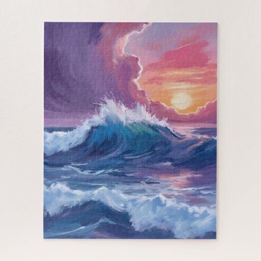 紫の海の波のサンセット水彩画 ジグソーパズル (縦)