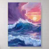 紫の海の波の夕焼けの水彩画 ポスター (正面)