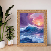 紫の海の波の夕焼けの水彩画 ポスター