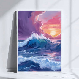 紫の海の波の夕焼けの水彩画 ポスター
