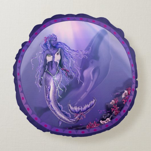 紫の海人魚の丸い枕 ラウンドクッション (正面)