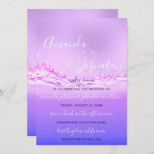 紫の海結婚ピンクのスパークバブル水色 招待状 (正面/裏面)