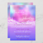 紫の海結婚ピンクのスパークバブル海 招待状 (正面/裏面)