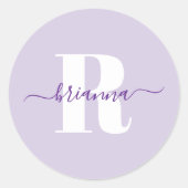 紫の淡い色のスクリプト名モノグラはっきりしたム ラウンドシール (正面)