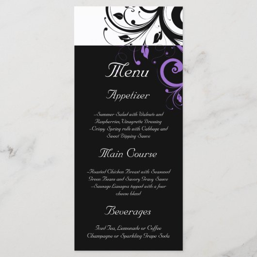 紫の渦巻きアクセントを持つ白黒 メニュー (正面)