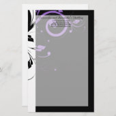 紫の渦巻きアクセントを持つ白黒 便箋 (正面/裏面)