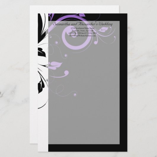 紫の渦巻きアクセントを持つ白黒 便箋 (正面/裏面)