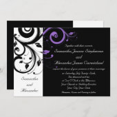 紫の渦巻きアクセントを持つ白黒 招待状 (正面/裏面)