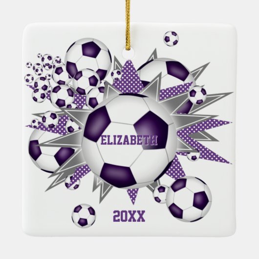 紫の灰色のサッカーボール吹き出し女の子スポーツ セラミックオーナメント (裏面)