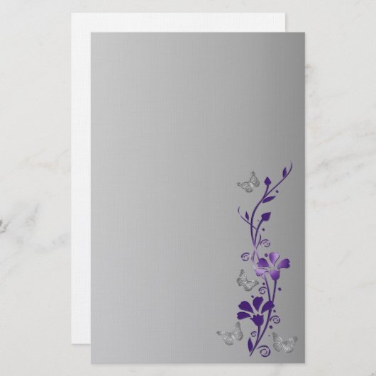 紫の灰色のフローラの結婚文房具 便箋 (正面/裏面)