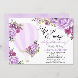 紫の熱気球のフローラ女の子の赤ちゃんシャワー 招待状