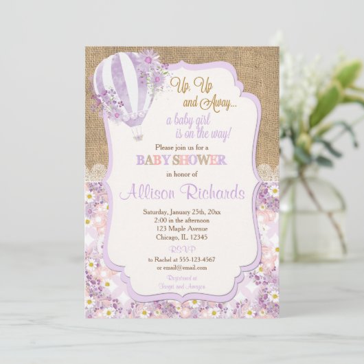 紫の熱気球の女の子の赤ちゃんシャワー 招待状 (スタンド正面)
