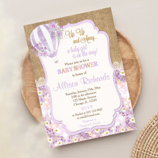 紫の熱気球の女の子の赤ちゃんシャワー 招待状