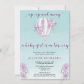 紫の熱気球ベビーシャワーガール 招待状 (正面)