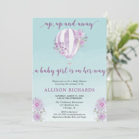 紫の熱気球ベビーシャワーガール 招待状 (スタンド正面)
