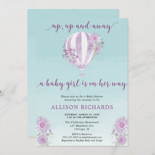 紫の熱気球ベビーシャワーガール 招待状 (正面/裏面)