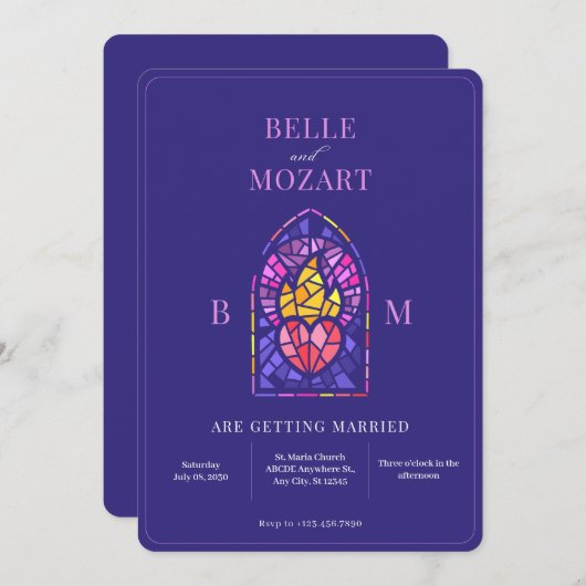 紫の燃焼ハートステンドグラス結婚アート 招待状 (正面/裏面)