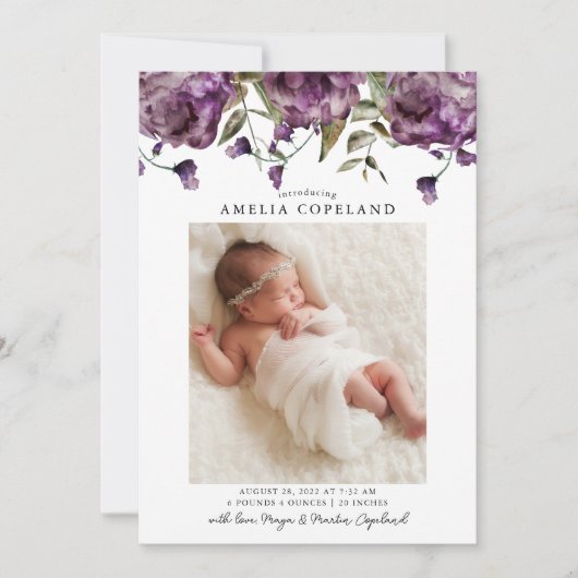 紫の牡丹ベビー写真誕生のお知らせ 案内状 (正面)