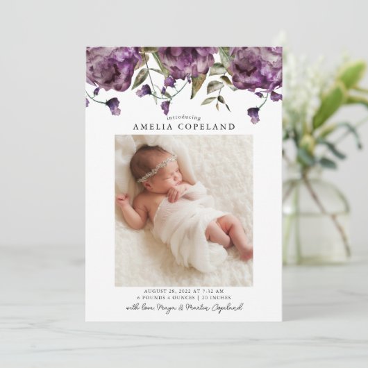 紫の牡丹ベビー写真誕生のお知らせ 案内状 (スタンド正面)