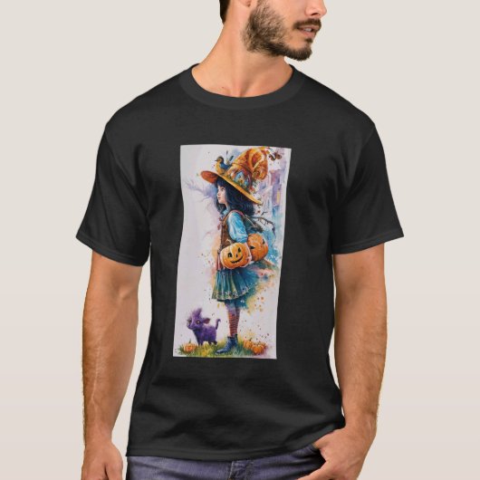 紫の猫とジャック・オ・ランタンを持つ若い魔法使いの少女 Tシャツ (正面)