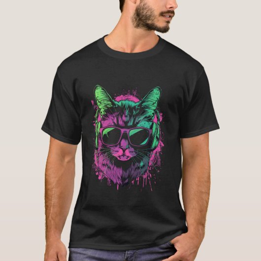 紫の猫DJ 帽子とサングラスのネコ Tシャツ (正面)