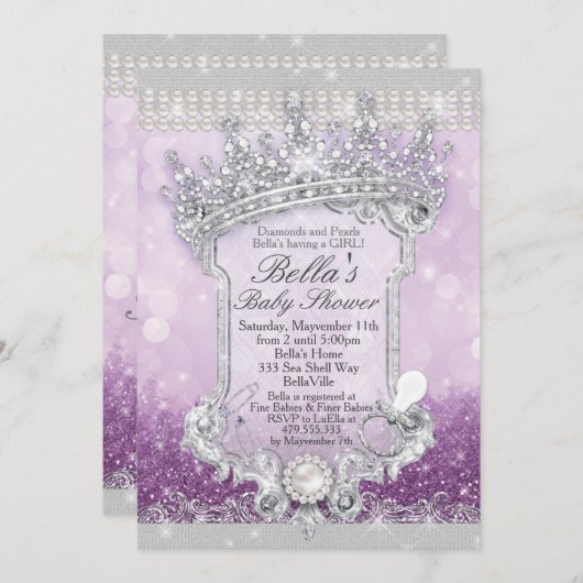 紫の王室のグリッターきらきら光るベビーシャワー招待状 招待状 (正面/裏面)