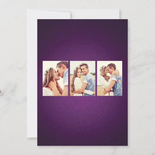 紫の王室の文字列ライト3枚の結婚写真 招待状 (裏面)