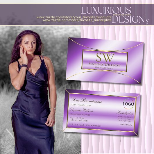 紫の王室の金ゴールドデコールとモノグラムとロゴ 名刺