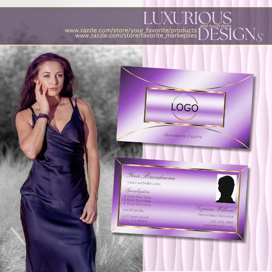 紫の王室の金ゴールドデコールとロゴと写真モダン 名刺