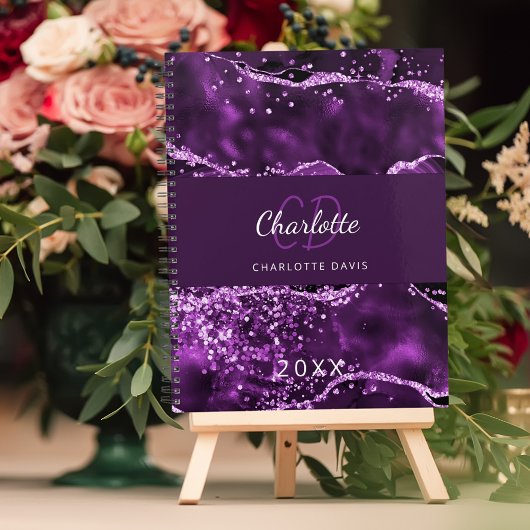 紫の瑪瑙グリッターピンクの大理石モノグラム2023 プランナー手帳
