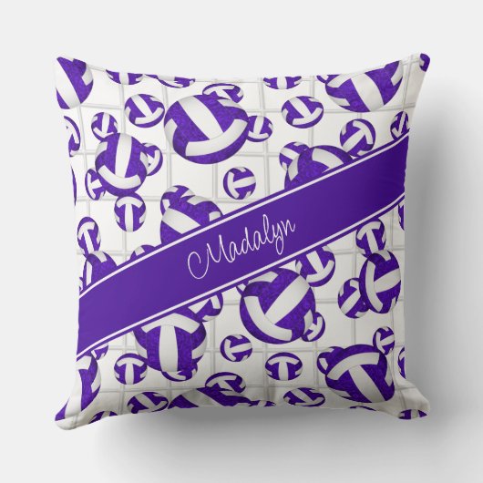 紫の白いガーリーバレーボールのパターン網アクセント クッション (裏面)