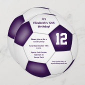 紫の白いサッカーをテーマにした誕生日パーティー 案内状 (正面/裏面)