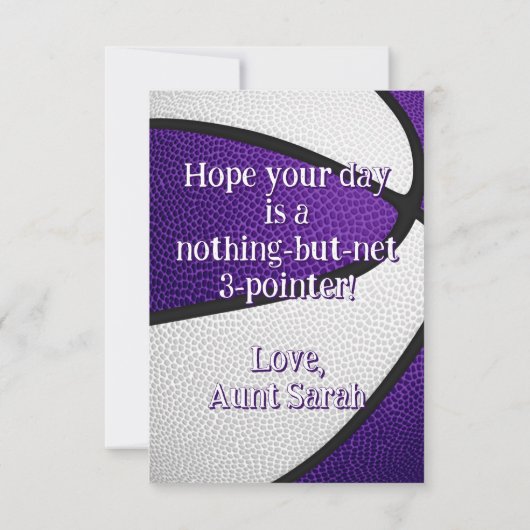 紫の白いチームカラーバスケットボールの女の子の誕生日 カード (裏面)