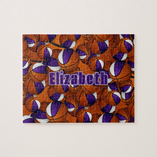 紫の白いバスケットチームカラーパーソナライズされた ジグソーパズル (横)