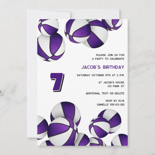 紫の白いバスケットボール子供のスポーツ誕生日 招待状 (正面)